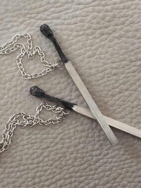 Vintage sterling silver cast real burnt matchstick necklace pendant 925